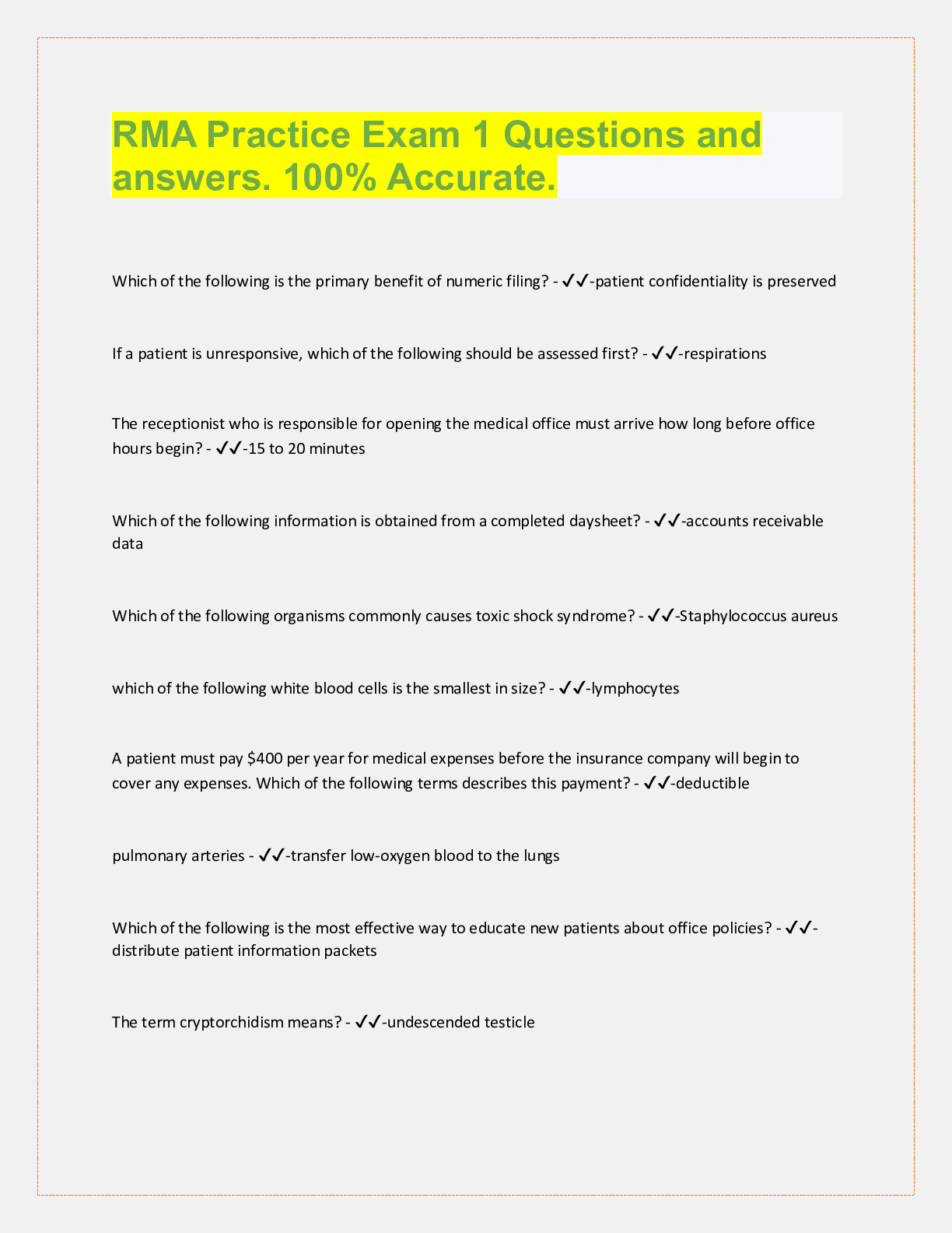 Preview image for RMA Practice Exam 1 Questions and  answers. 100% Accurate.